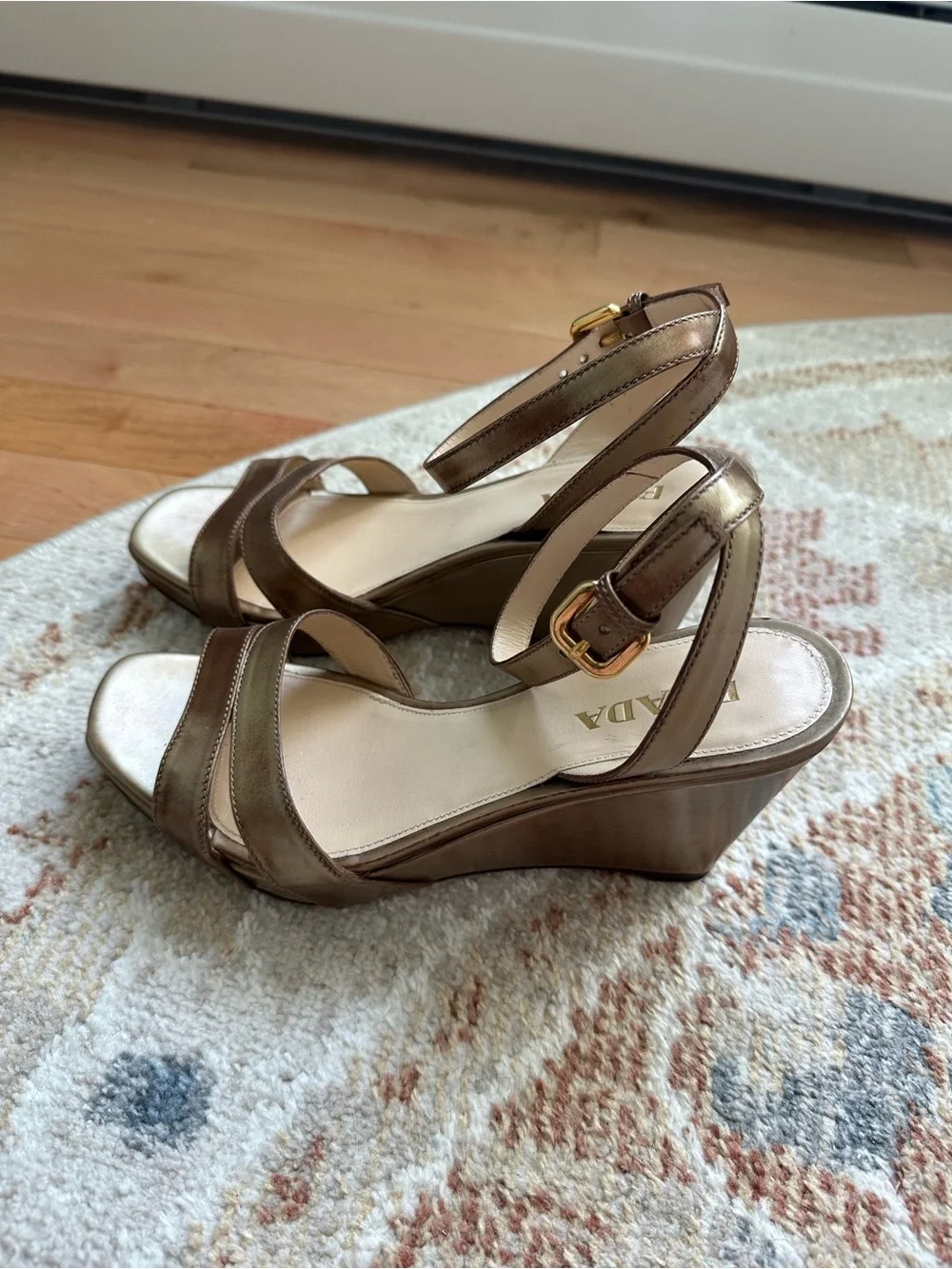 Prada Bronze Metallic Wedge Sandals with Ankle Strap